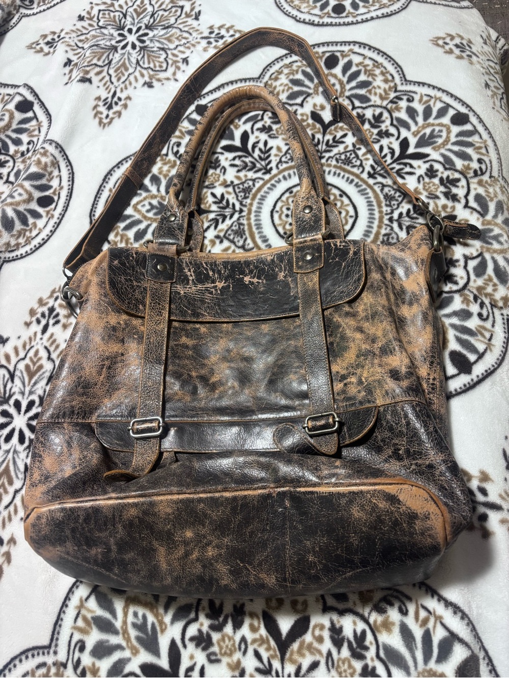 Bed Stu Two-Tone Distressed Black & Tan Leather Tote